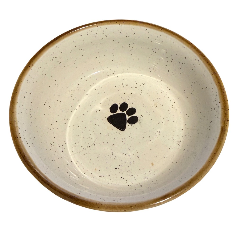 Signature Pet Bowl Dog Cat Cream Taupe Excellent Speckled Paw Print Ceramic